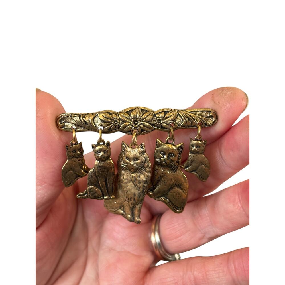 Vintage Gold Tone Cat Dangle Brooch Multi Kitty Charm Victorian Style Statement